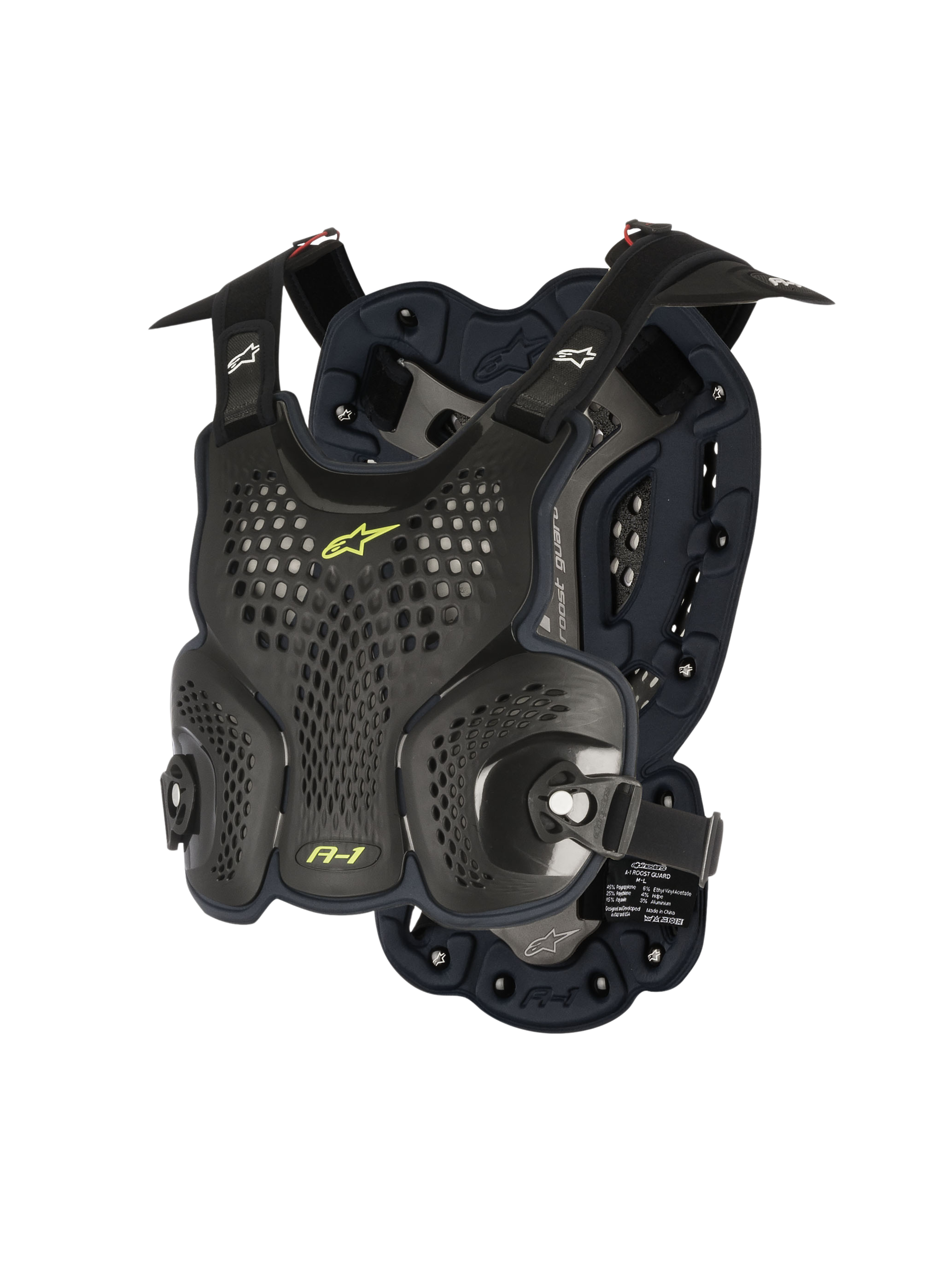 Alpinestars A-1 Roost Guard, Motocross-Brustpanzer, Schwarz Anthrazit mit neongelben Akzenten, perforierte Waben-Hartschalenplatten, Bio-Schaum-Polsterung, verstellbare Riemen, leichte Offroad-Schutzweste