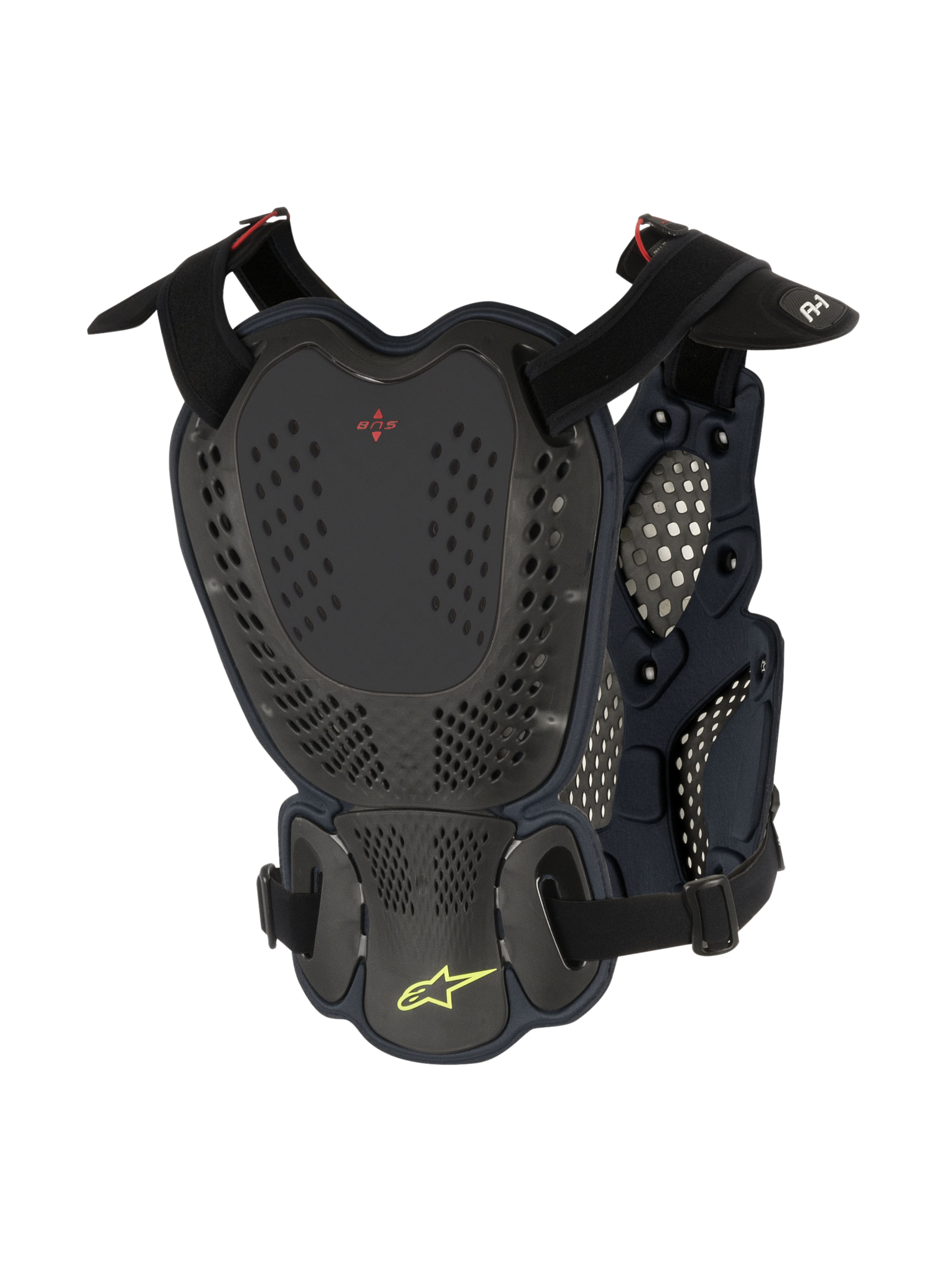 Alpinestars A-1 Roost Guard, motorcross borst- en rugbeschermer, Black Anthracite, achteraanzicht met geperforeerde harde schaalplaten, rood BNS-logo en limoengroen Alpinestars sterlogo met verstelbare banden voor off-road bescherming