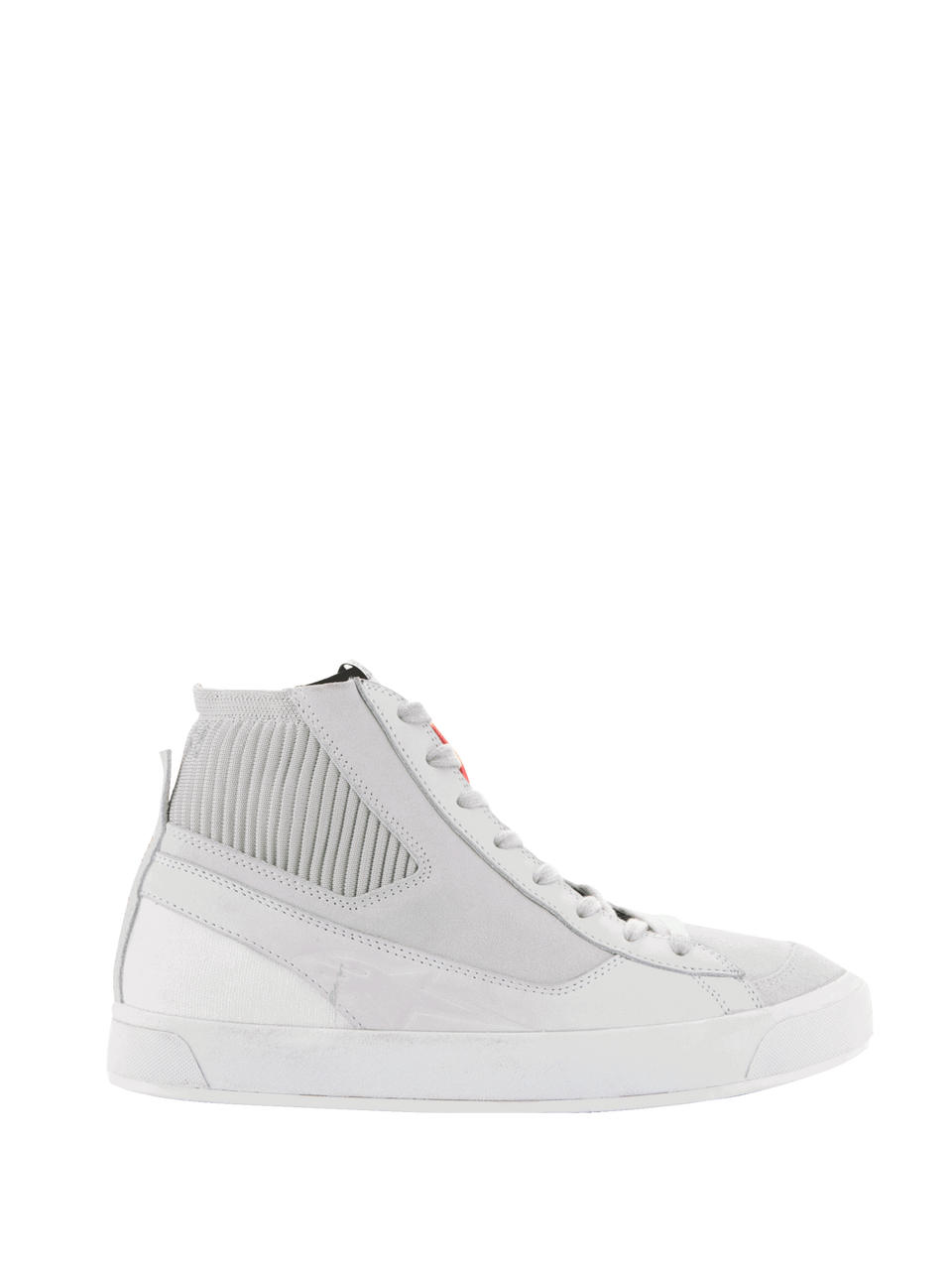 Alpinestars Stated Shoes, baskets montantes blanches unisexe, logo rouge sur la languette, col texturé côtelé, lacets blancs, semelle blanche plate