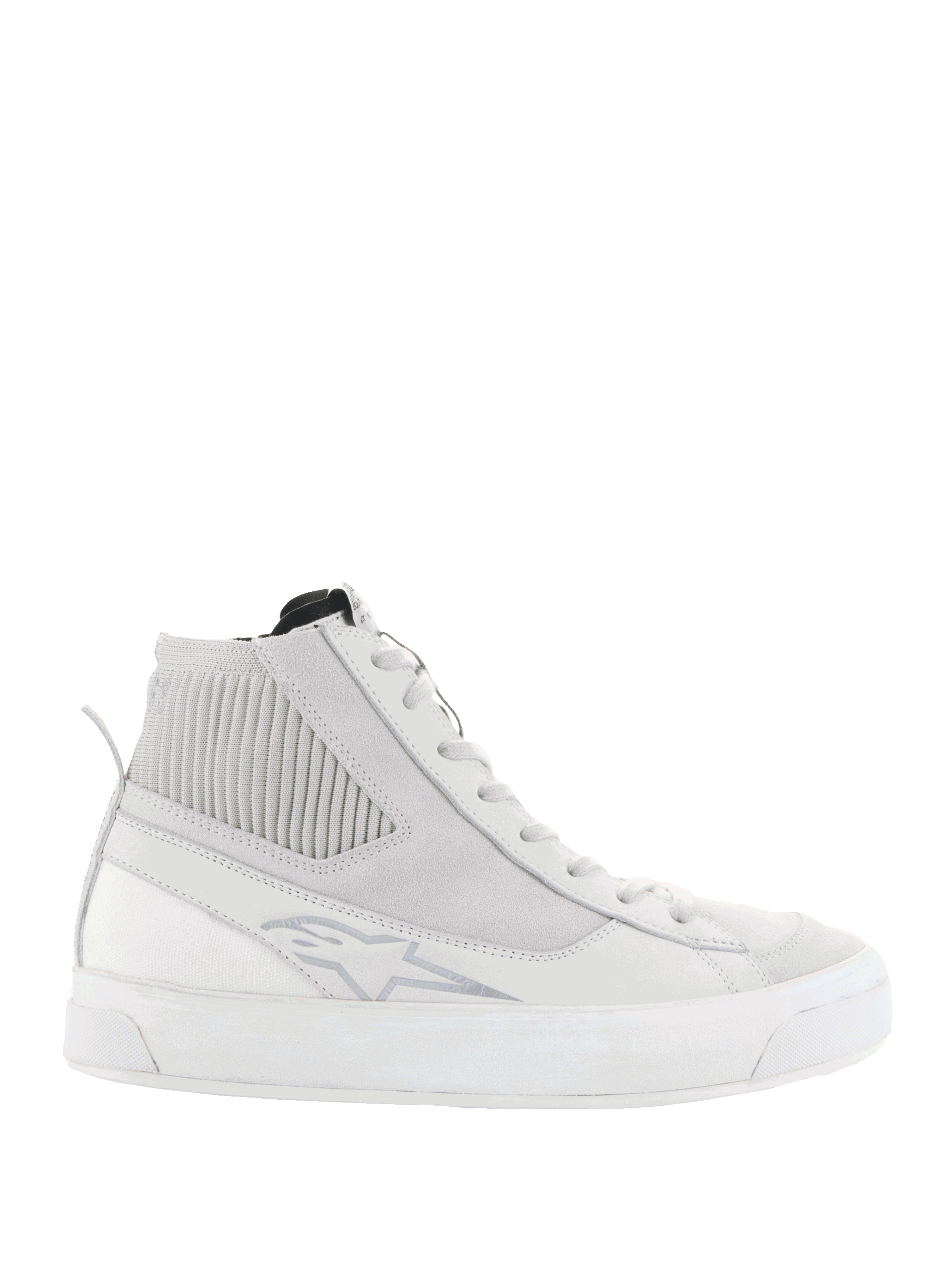 Alpinestars Stella Stated Podium schoenen, hoge motorsneakers voor dames, wit en lichtgrijs, dikke witte gevulkaniseerde zool, geribbeld textiel enkelpaneel, vetersluiting en subtiel logo, retro urban skate-geïnspireerd ontwerp