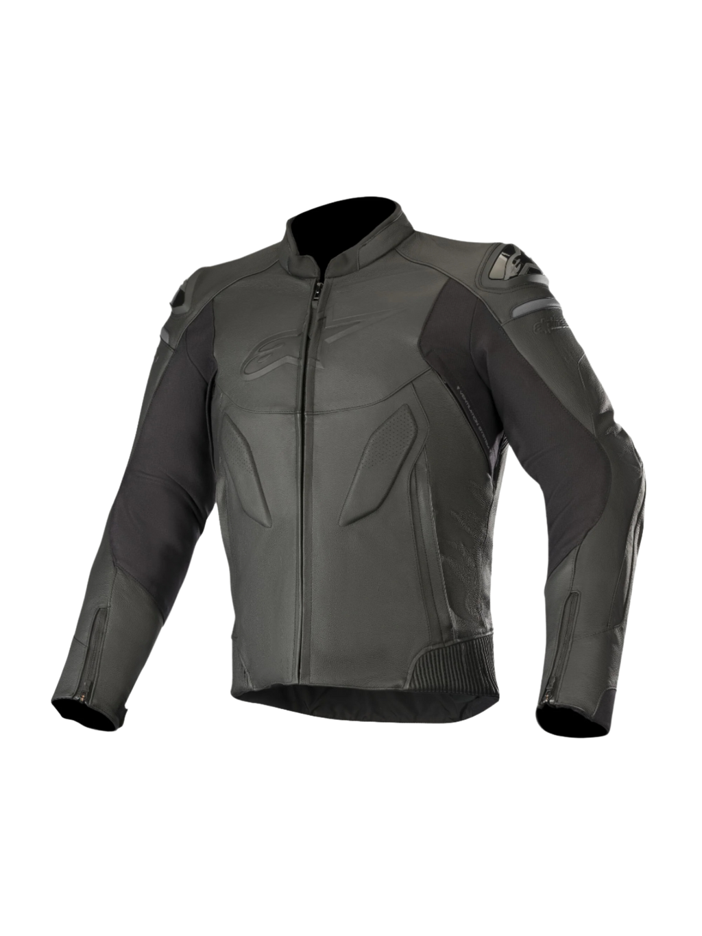 Alpinestars Caliber leren jas, zwart, motoruitrusting voor op de weg, hoogwaardige lederen constructie met geperforeerde panelen, externe DFS-schoudersliders, rits aan de voorzijde en manchetten, subtiel logo in reliëf op de borst