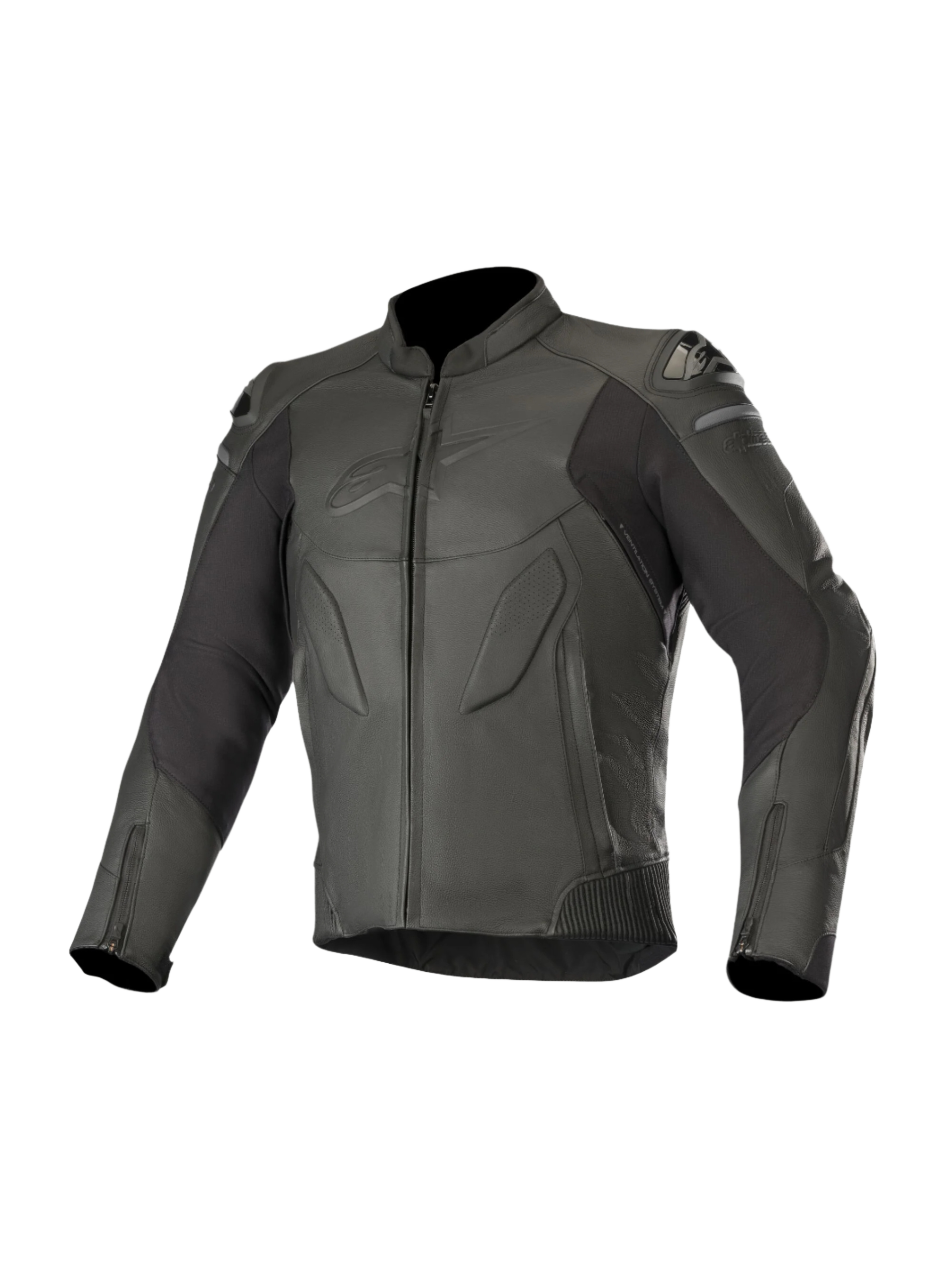 Alpinestars Caliber leren jas, zwart, motoruitrusting voor op de weg, hoogwaardige lederen constructie met geperforeerde panelen, externe DFS-schoudersliders, rits aan de voorzijde en manchetten, subtiel logo in reliëf op de borst