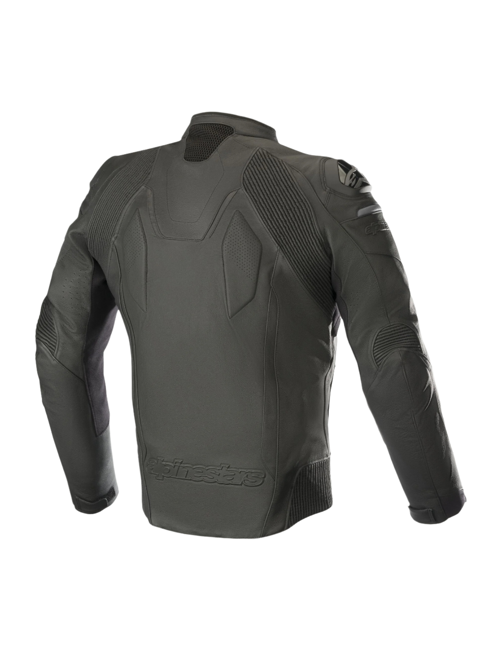 Alpinestars Caliber Leren Jas, zwart, achteraanzicht met premium lederen constructie, accordeon stretchpanelen op de schouders en ellebogen, externe DFS schoudersliders en Alpinestars logo in reliëf op de onderrug