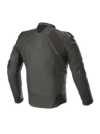 Alpinestars Caliber Leren Jas, zwart, achteraanzicht met premium lederen constructie, accordeon stretchpanelen op de schouders en ellebogen, externe DFS schoudersliders en Alpinestars logo in reliëf op de onderrug