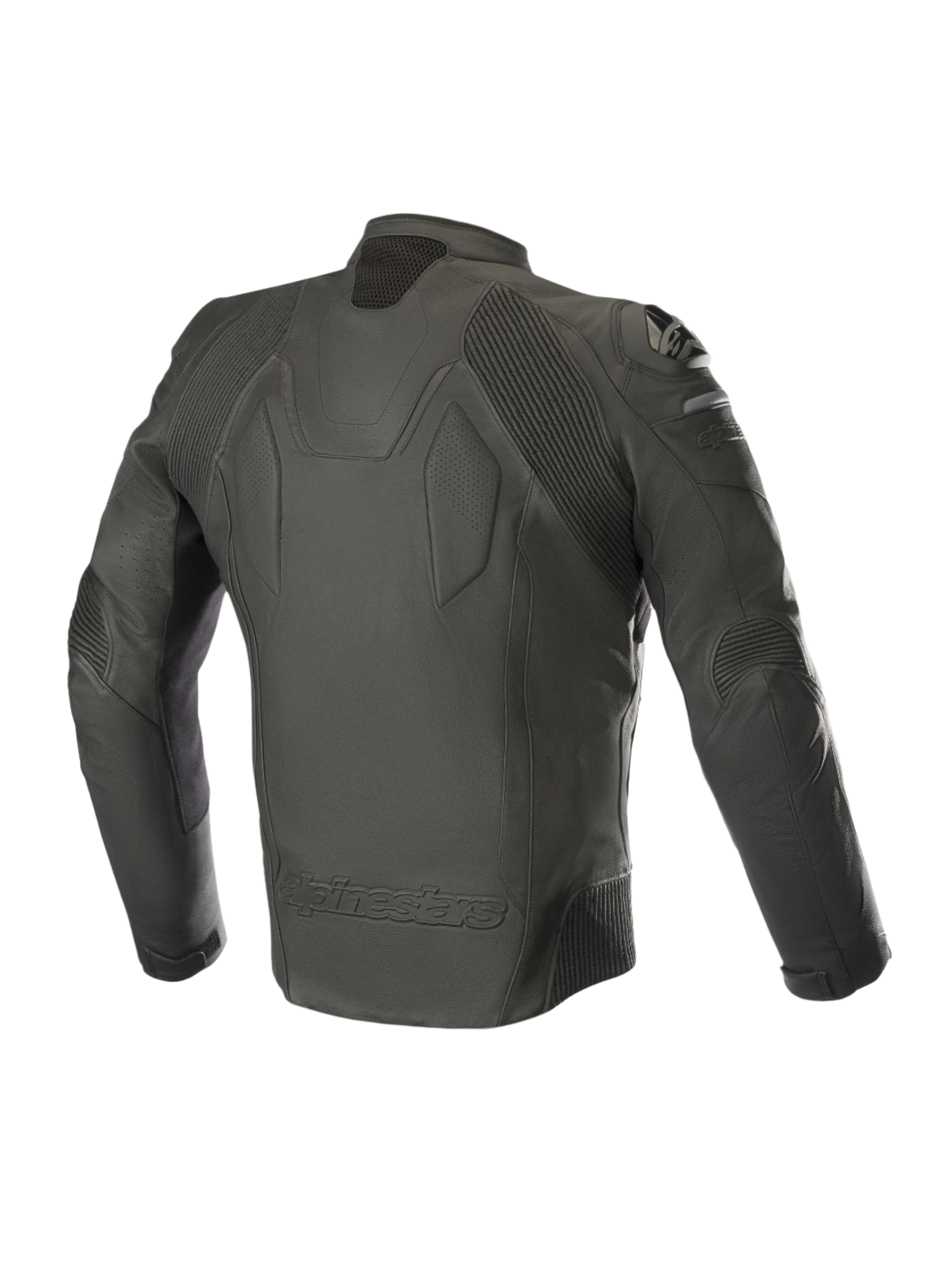 Alpinestars Caliber Leren Jas, zwart, achteraanzicht met premium lederen constructie, accordeon stretchpanelen op de schouders en ellebogen, externe DFS schoudersliders en Alpinestars logo in reliëf op de onderrug