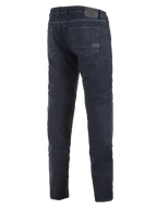Denim de moto Alpinestars Copper Out V2, Rinse Plus Blue, vue arrière montrant une coupe droite standard, patch en cuir sur la ceinture, denim foncé pour la conduite routière urbaine