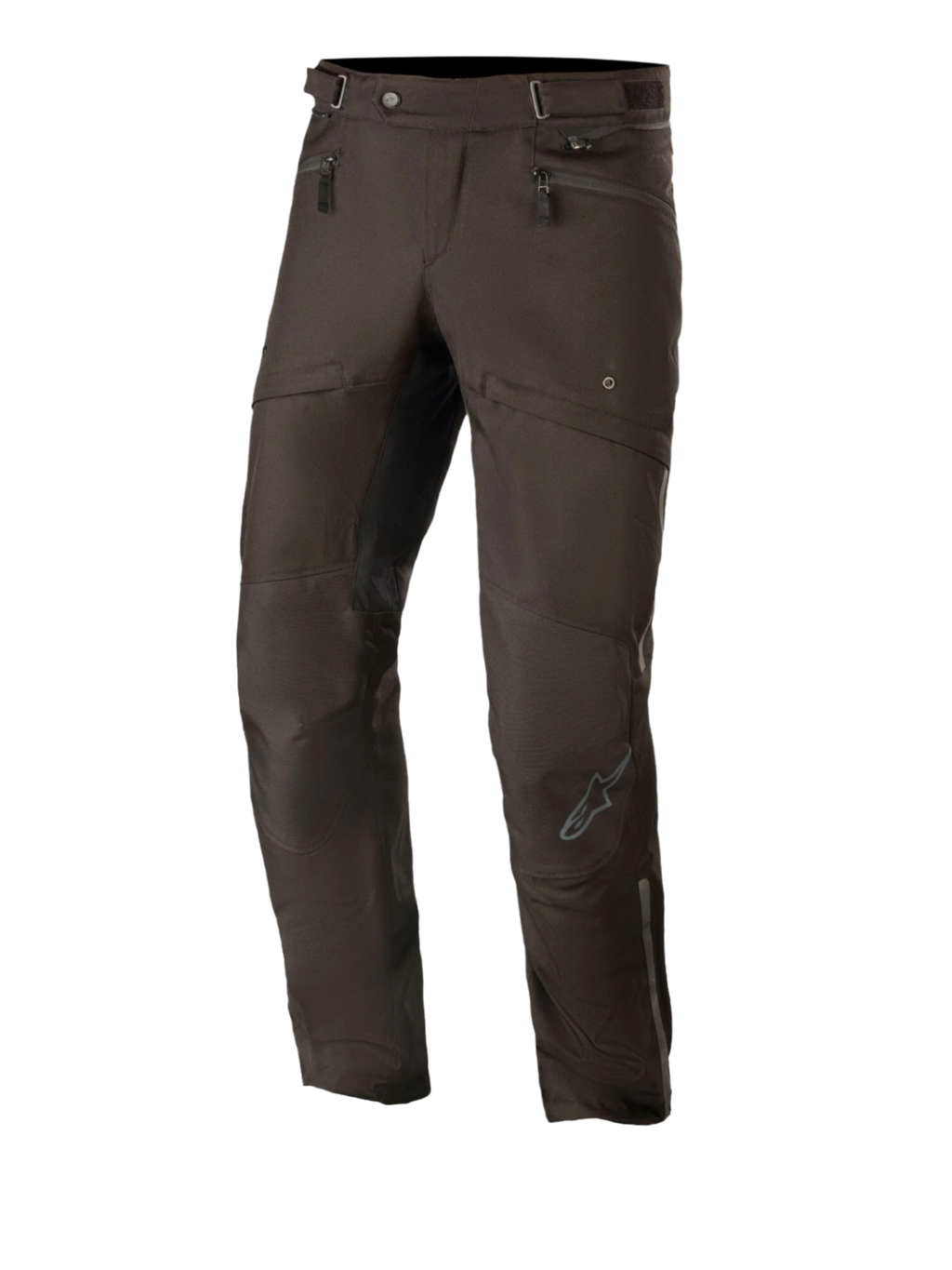 Alpinestars AST-1 V2 Waterproof Pants Long, schwarze Motorrad-Tourenhose, Hüfttaschen mit Reißverschluss, verstellbare Taillenriemen, vorgeformte Beine mit verstärkten Knieeinsätzen, dezentes graues Logo am Schienbein, strapazierfähige Textilkonstruktion für den Allwetter-Straßeneinsatz
