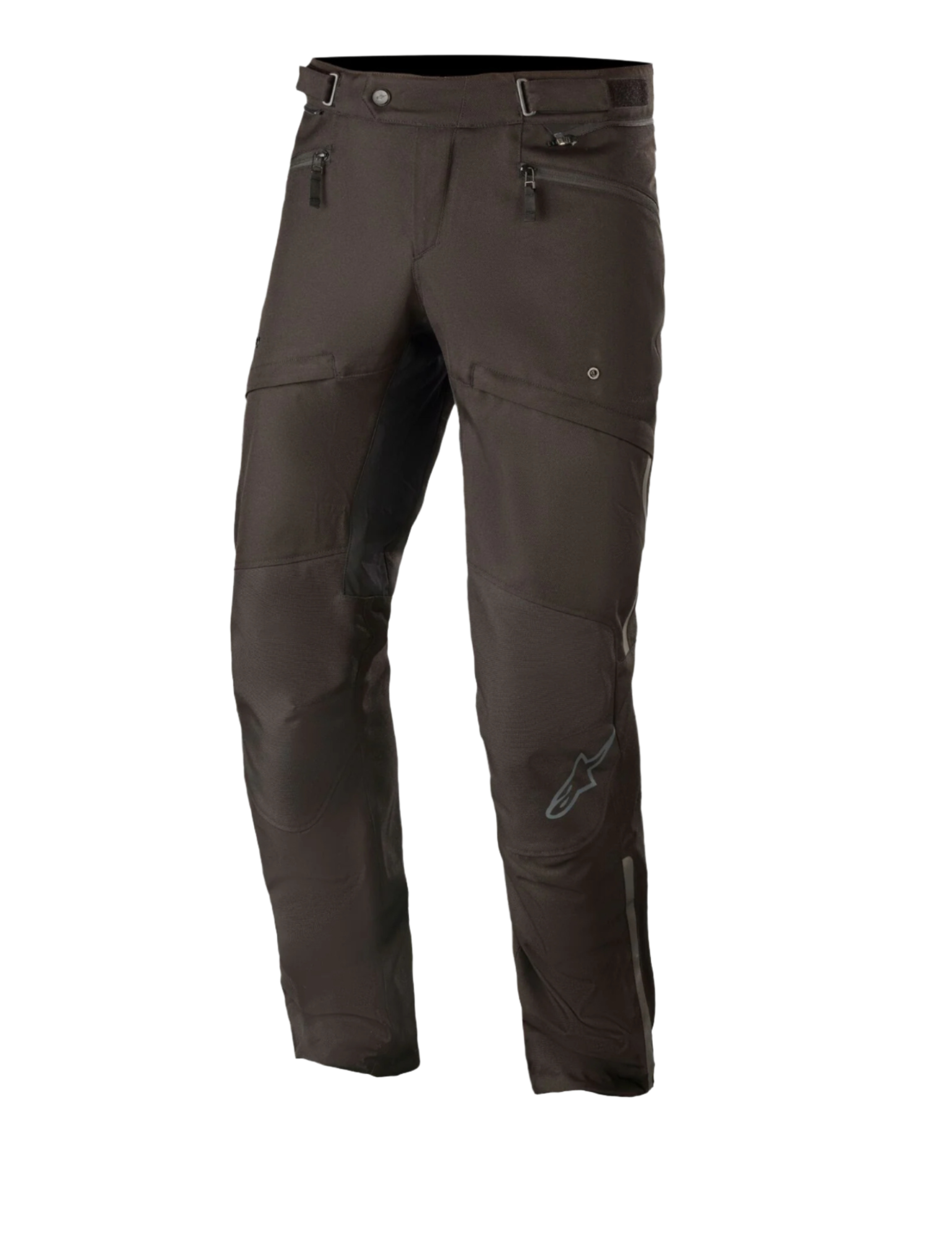 Alpinestars AST-1 V2 Waterproof Pants Long, schwarze Motorrad-Tourenhose, Hüfttaschen mit Reißverschluss, verstellbare Taillenriemen, vorgeformte Beine mit verstärkten Knieeinsätzen, dezentes graues Logo am Schienbein, strapazierfähige Textilkonstruktion für den Allwetter-Straßeneinsatz