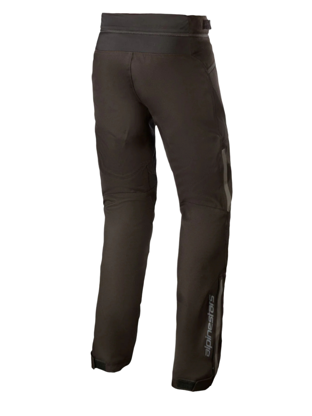 Alpinestars AST-1 V2 Wasserdichte Hose Long, schwarze Textil-Motorradhose, Rückansicht mit reflektierenden Details und vertikalem Branding am Unterschenkel, strapazierfähige Allwetter-Ausrüstung