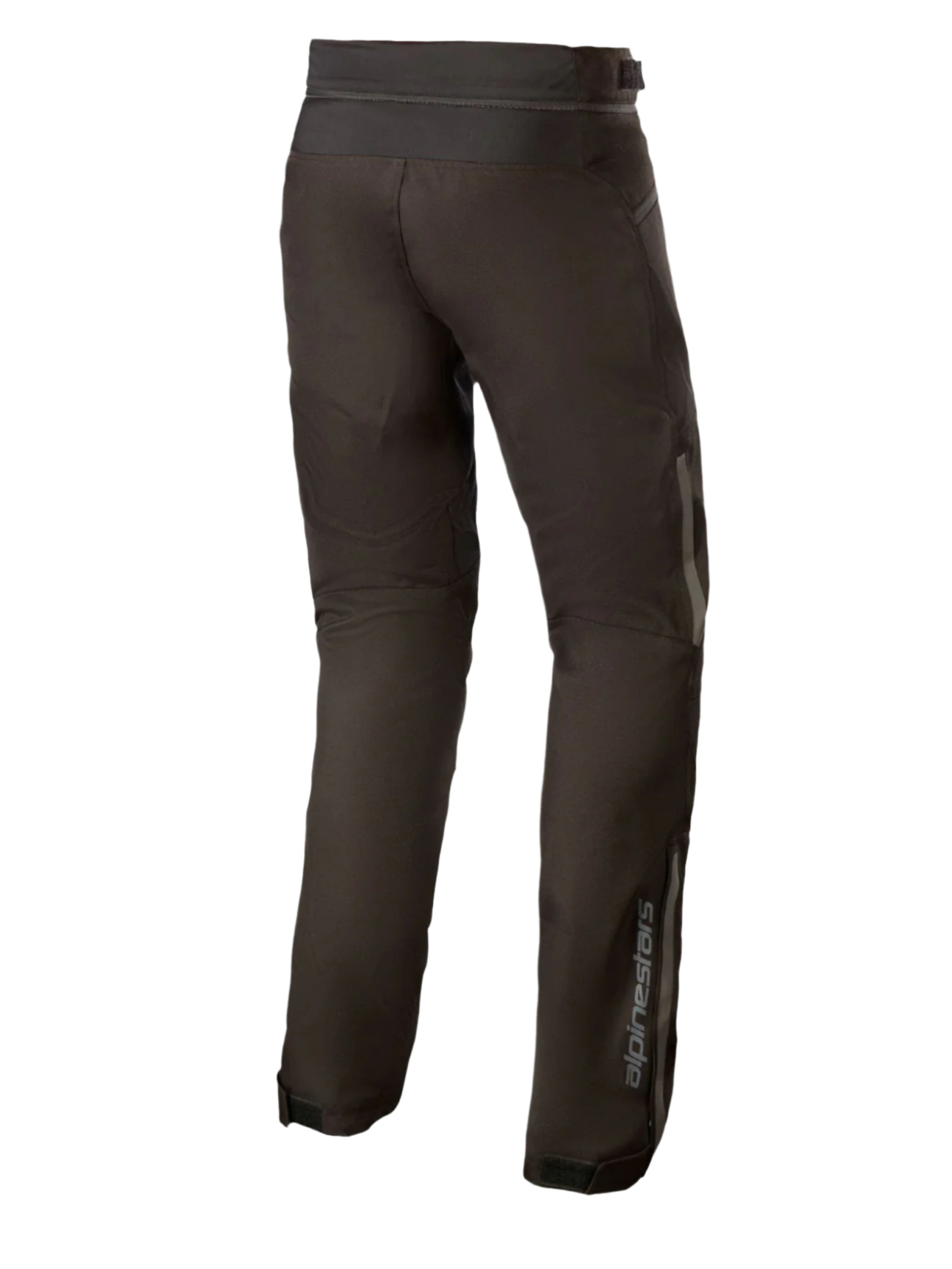 Alpinestars AST-1 V2 Wasserdichte Hose Long, schwarze Textil-Motorradhose, Rückansicht mit reflektierenden Details und vertikalem Branding am Unterschenkel, strapazierfähige Allwetter-Ausrüstung