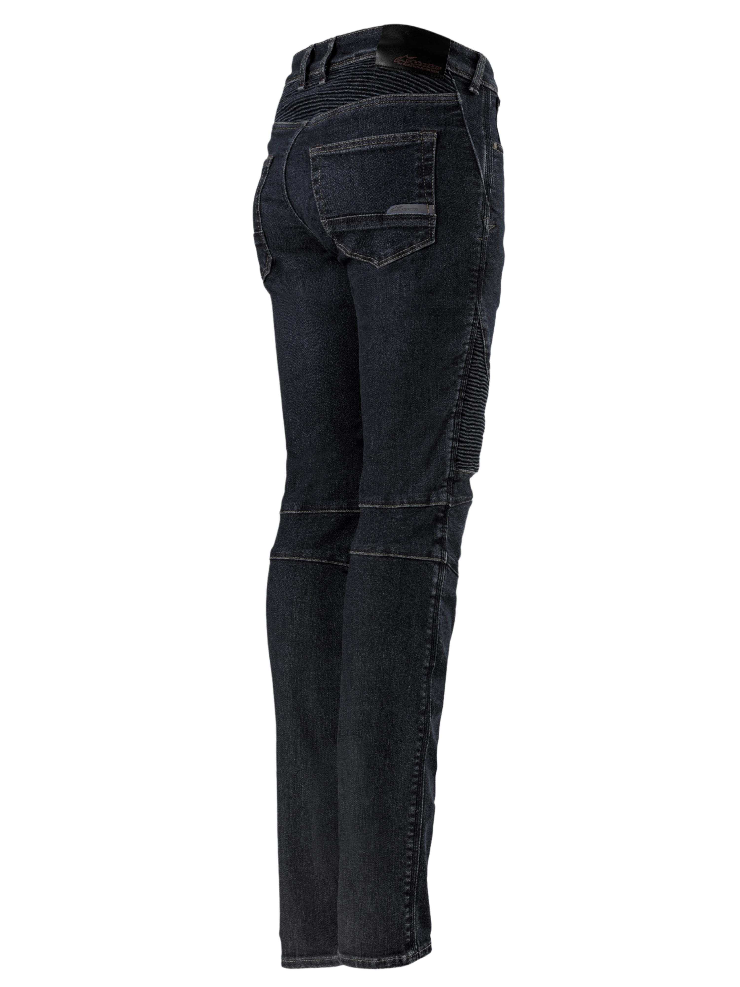 Alpinestars Stella Callie Denim, Women's Motorcycle Pants, Black Waxed, rear and side profile featuring accordion stretch panels on the waist and knees, slim fit with back pockets and logo patch