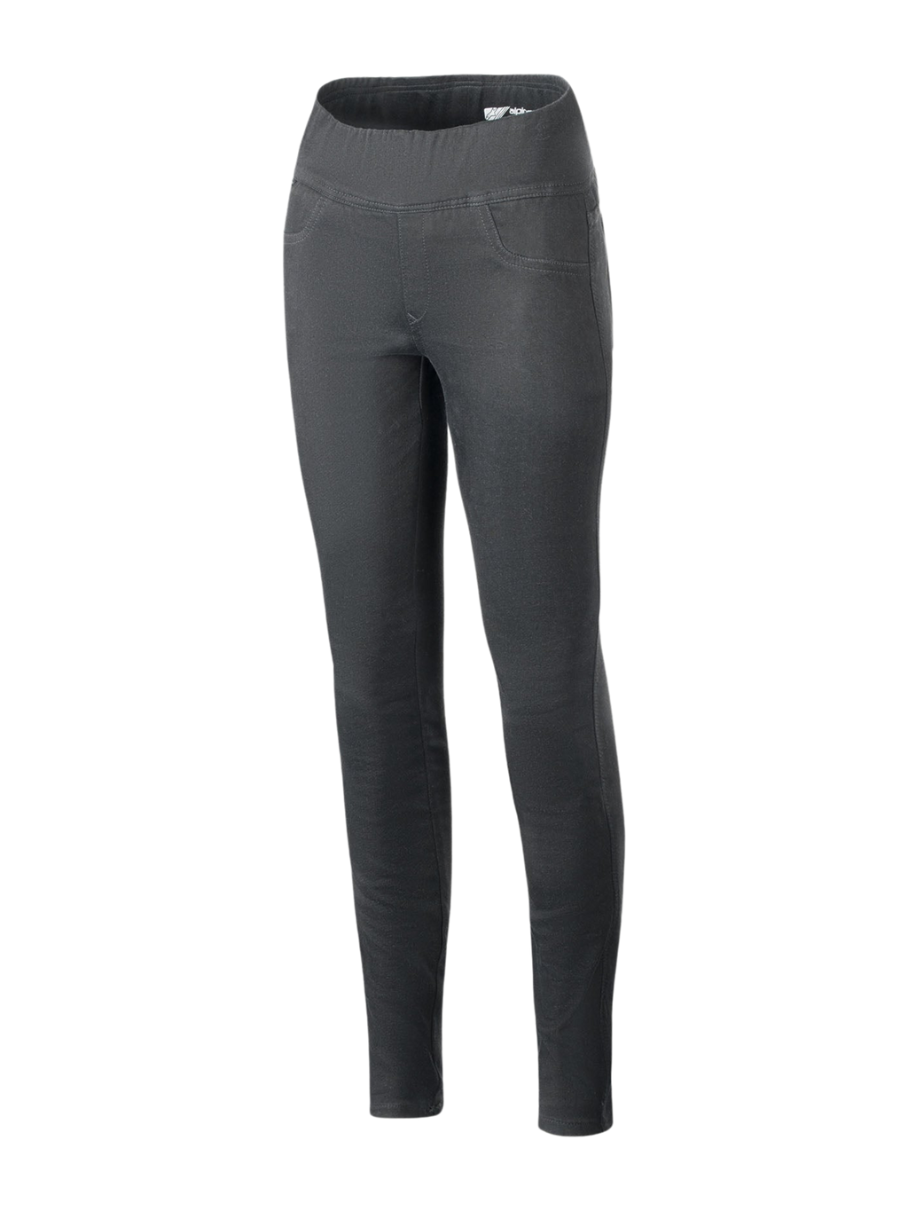Alpinestars Shuri Women Leggings Summer, noir, leggings de moto à coupe ajustée et taille haute avec une large ceinture élastique, matière en denim de coton extensible, avec surpiqûres de fausses poches avant, pantalon de moto au style urbain pour femme