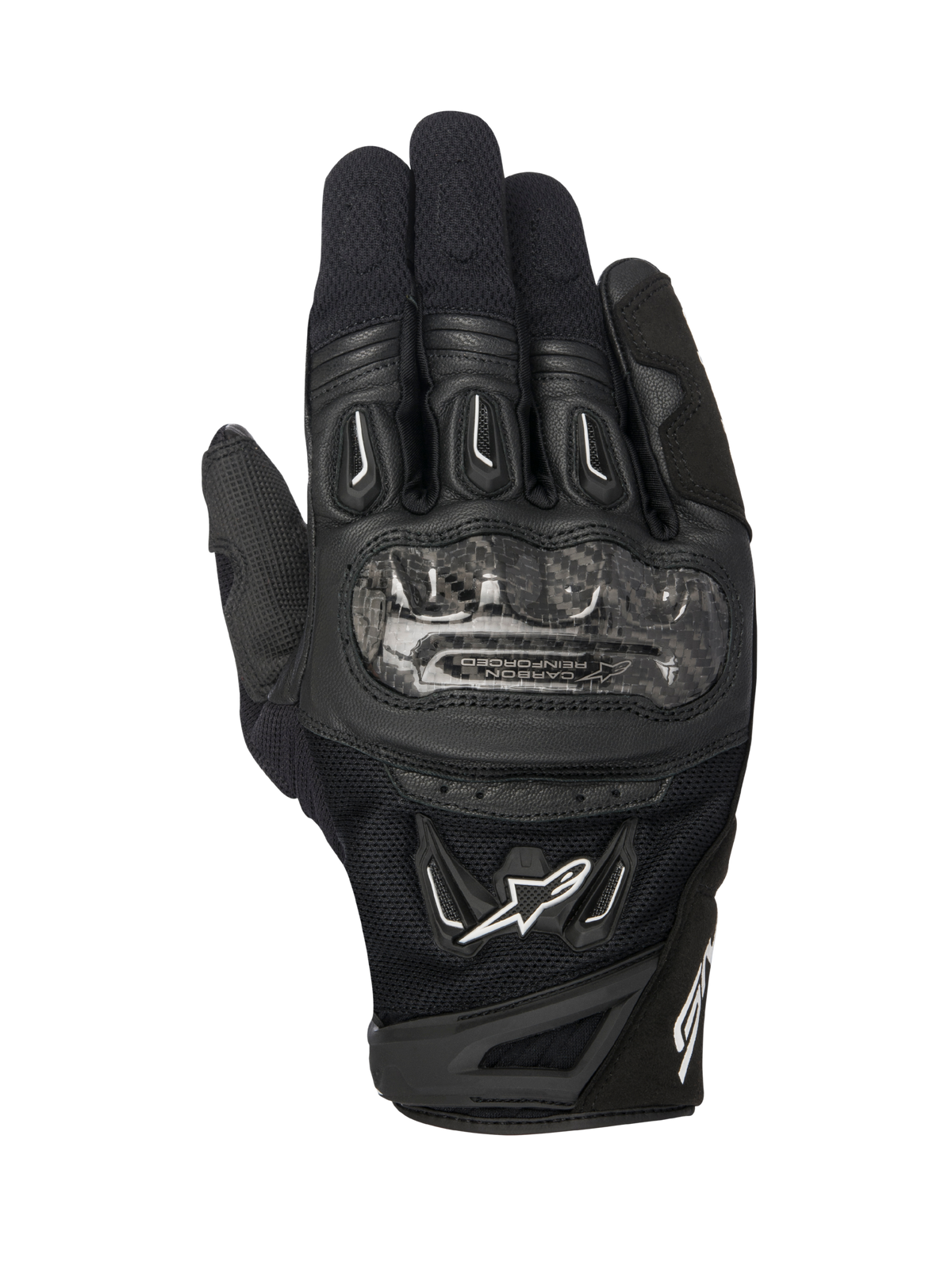Alpinestars SMX-2 Air Carbon V2 handschoenen, zwarte motorhandschoenen, bovenaanzicht met carbonvezel knokkelbescherming, ademend 3D-mesh en leren panelen, wit Alpinestars-logo en kort manchetontwerp