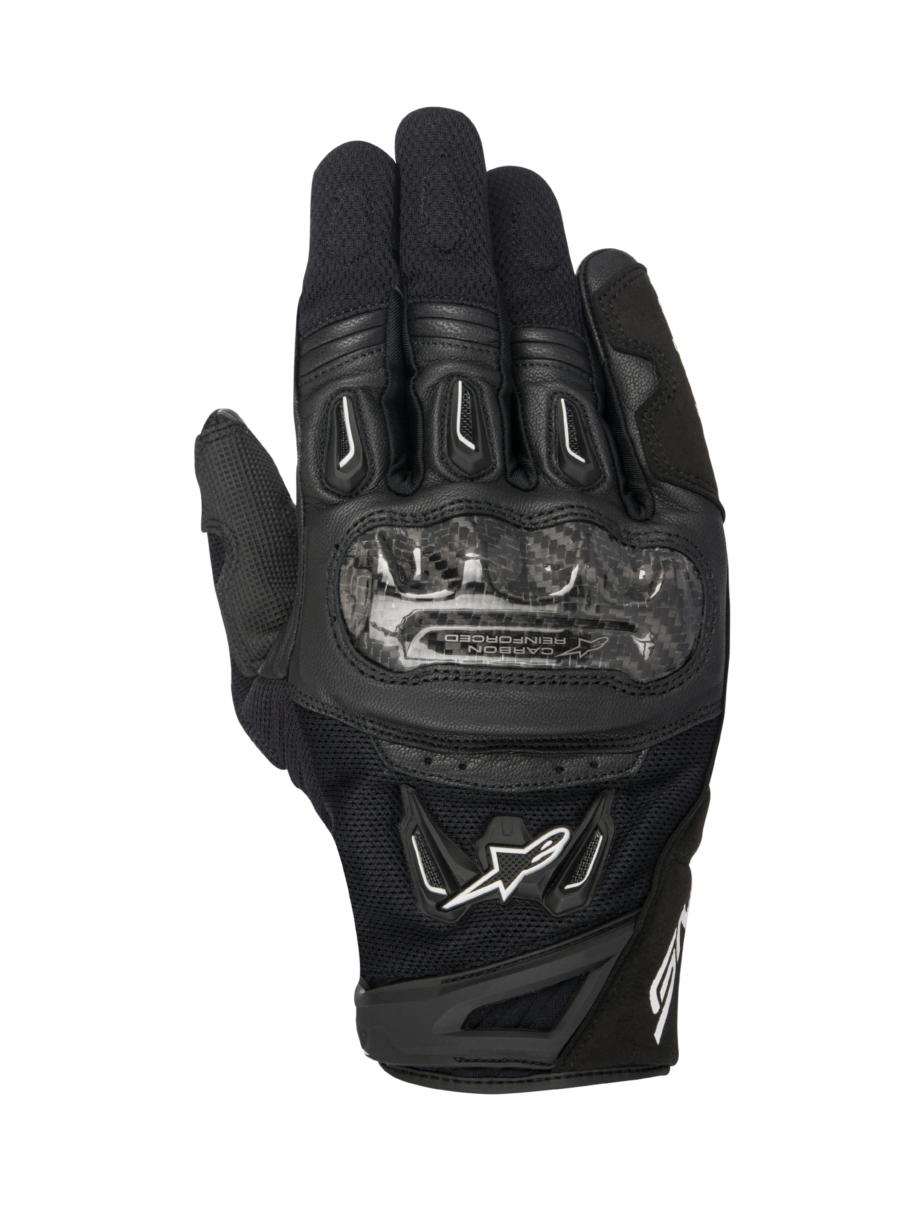 Gants Alpinestars SMX-2 Air Carbon V2, gants de moto noirs, vue de dessus montrant les protections d'articulations en fibre de carbone, panneaux en cuir et mesh 3D respirant, logo Alpinestars blanc et design à manchette courte