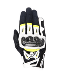 Alpinestars SMX-2 Air Carbon V2 handschoenen, motorhandschoenen, zwart wit en geel fluo, voorzien van carbon knokkelbeschermers, 3D-mesh en leren constructie, sportieve weguitrusting met fluorescerende accenten