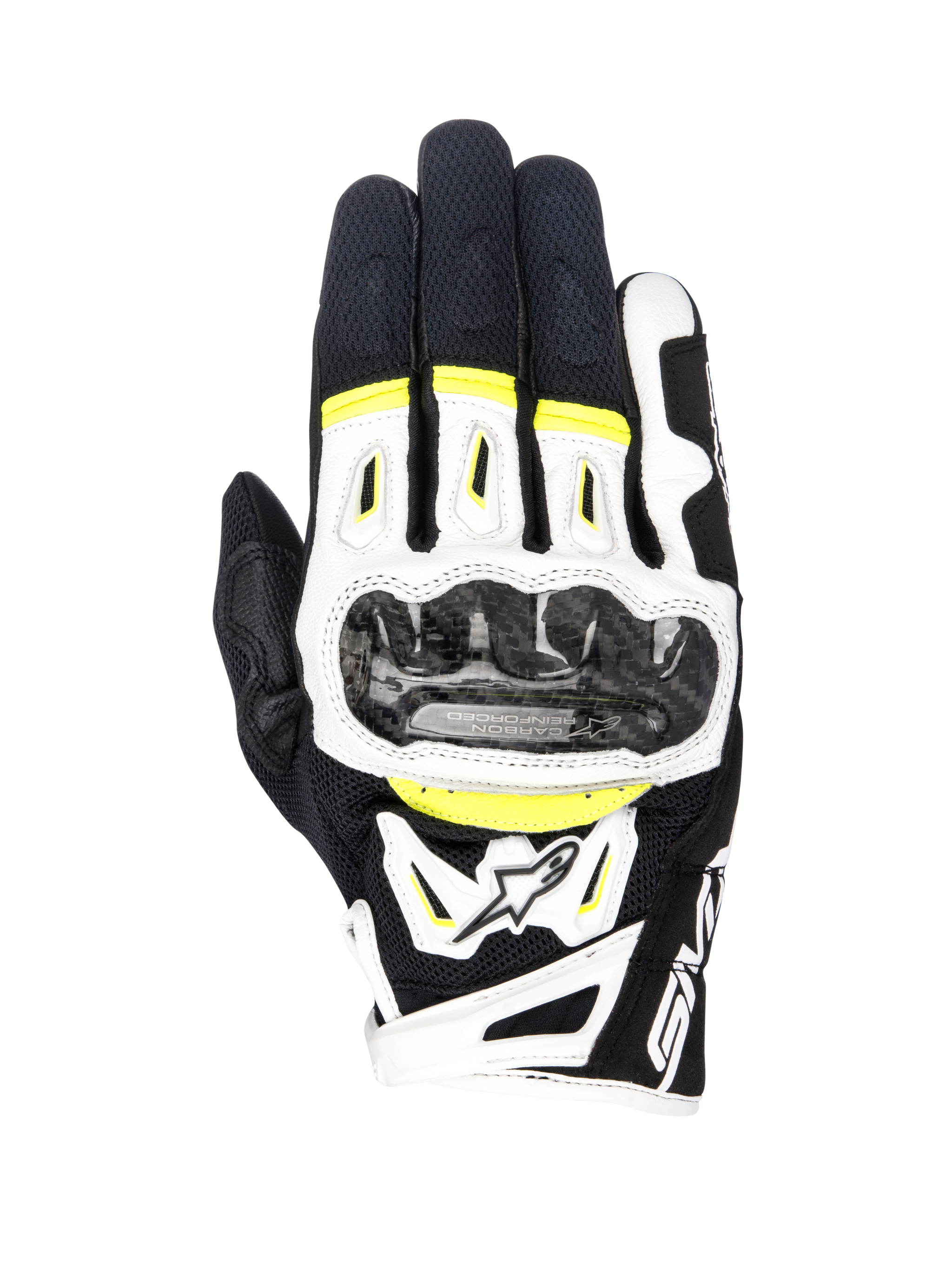 Alpinestars SMX-2 Air Carbon V2 handschoenen, motorhandschoenen, zwart wit en geel fluo, voorzien van carbon knokkelbeschermers, 3D-mesh en leren constructie, sportieve weguitrusting met fluorescerende accenten