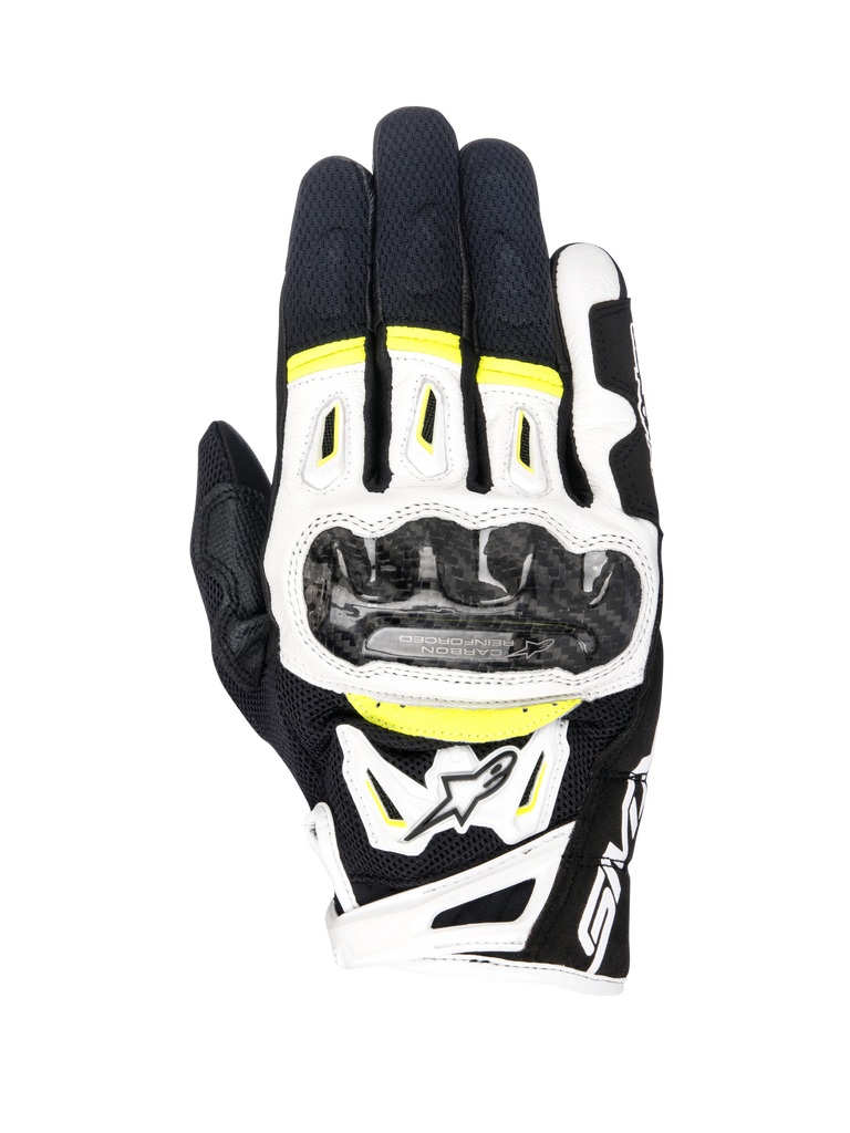 Alpinestars SMX-2 Air Carbon V2 Gloves, Motorcycle Gloves, Black White and Yellow Fluo, featuring carbon fiber knuckle guards, 3D mesh and leather construction, sporty road gear with fluorescent accents