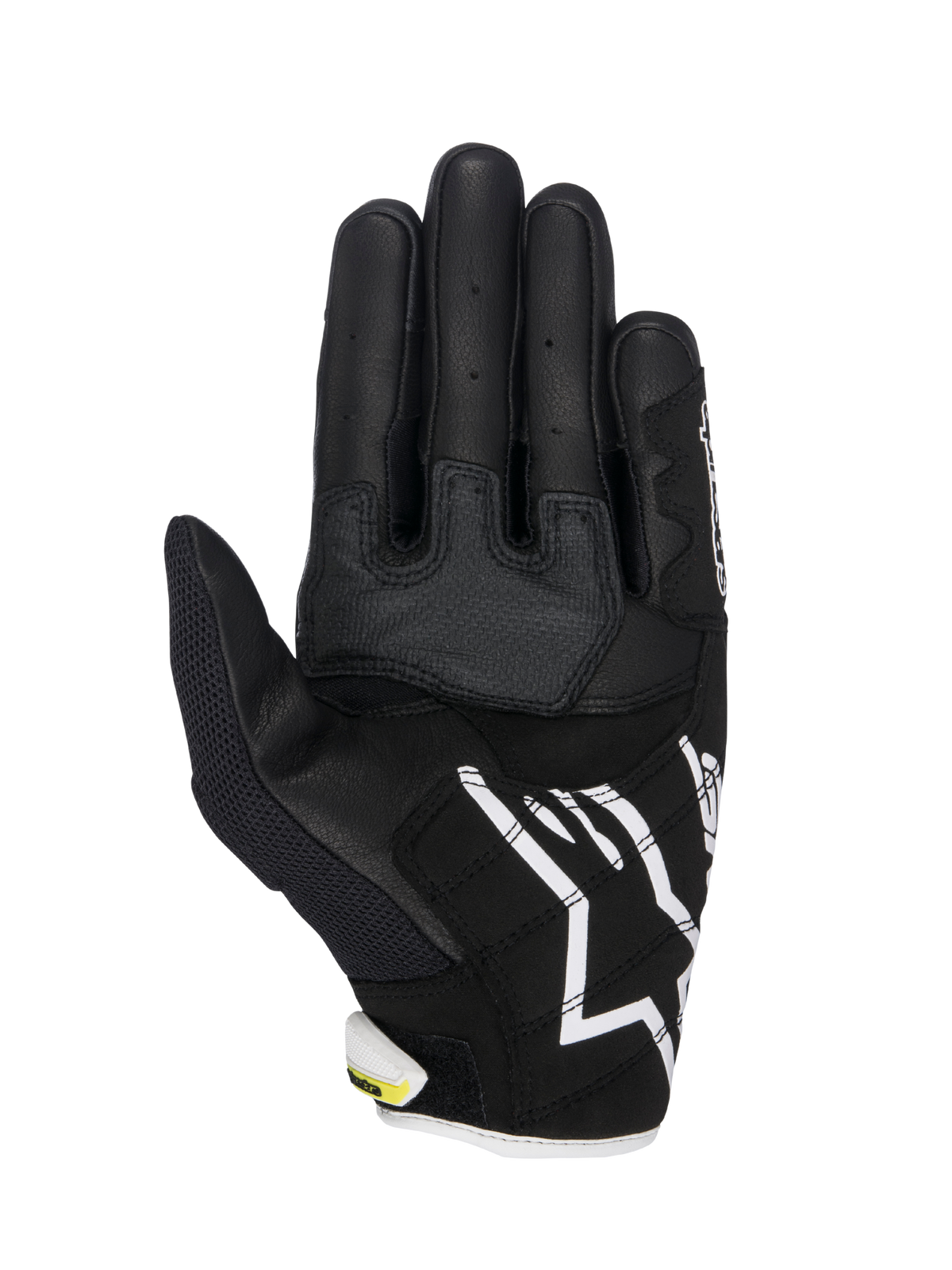 Alpinestars SMX-2 Air Carbon V2 handschoenen, motorhandschoenen, zwart en wit met fluorescerend gele accenten, handpalmweergave met leer en 3D mesh constructie, versterkte grippanelen, wit Alpinestars logo op de manchet