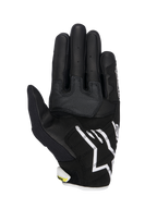 Alpinestars SMX-2 Air Carbon V2 handschoenen, motorhandschoenen, zwart en wit met fluorescerend gele accenten, handpalmweergave met leer en 3D mesh constructie, versterkte grippanelen, wit Alpinestars logo op de manchet