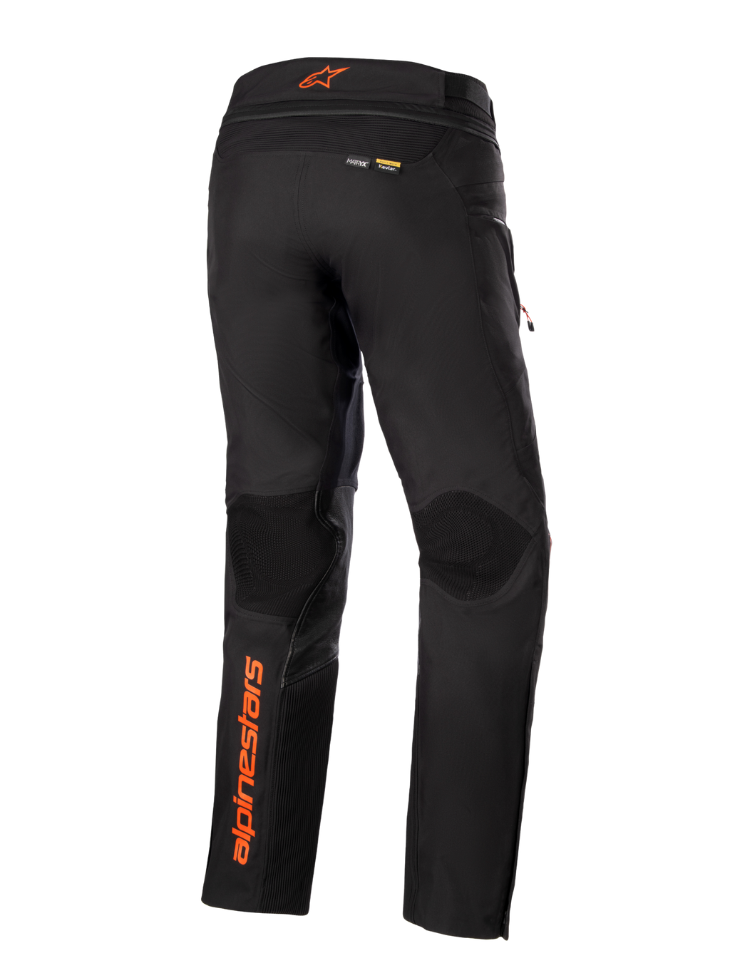 Alpinestars AMT-10R Drystar® XF broek, zwart met oranje accenten, achteraanzicht met verticaal oranje Alpinestars-logo op het linkerbeen, getextureerde kniepanelen en Kevlar- en Matryx-branding, technische adventure touring motorbroek.