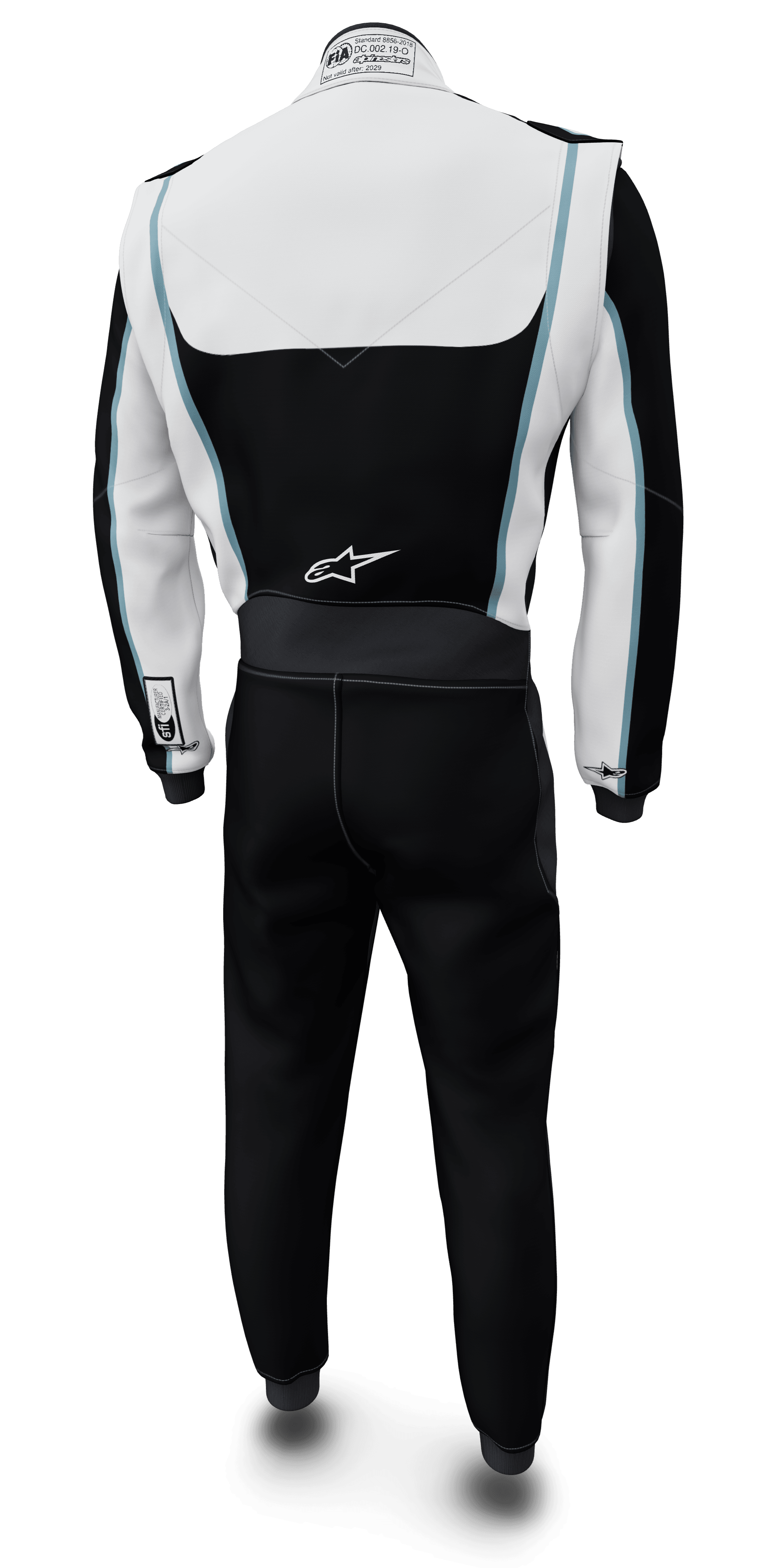 Alpinestars Tech Vision V3 Maßanzug Mit Angepasster Länge, Auto-Rennanzug, Rückansicht in Schwarz und Weiß mit blauen Akzenten, FIA/SFI-zertifiziertes Nomex.