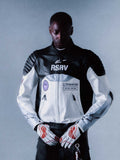 Alpinestars RSRV Threadline, blouson en cuir de moto, noir et blanc, avec patches RSRV et épaules rembourrées, style premium streetwear avec héritage motorsport