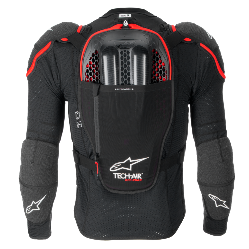 Tech-Air® Off-Road Systeem achteraanzicht in zwart en rood, met Nucleon CELL-bescherming en een hydratatievak.