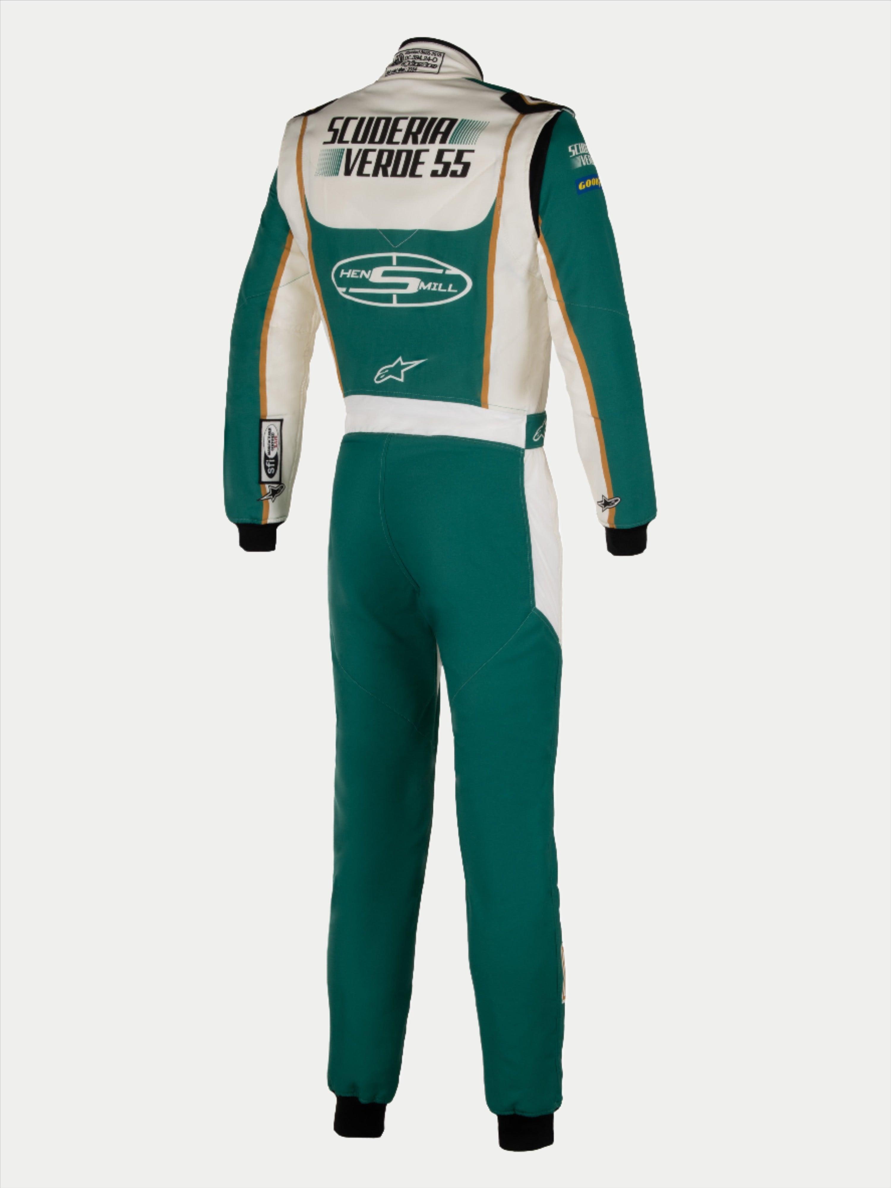 Alpinestars Tech Vision V3 Maßanzug, Autorennanzug in Blaugrün und Weiß, Nomex, FIA-zertifiziert, Rückansicht mit Logos.