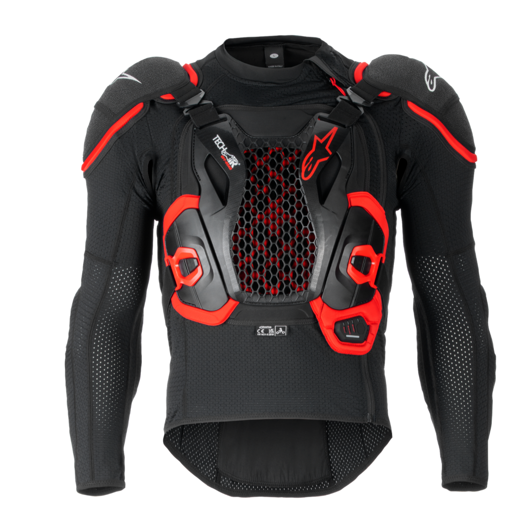 Système Airbag Tech-Air® Off-Road, veste de protection noire et rouge avec panneau de poitrine en maille hexagonale.