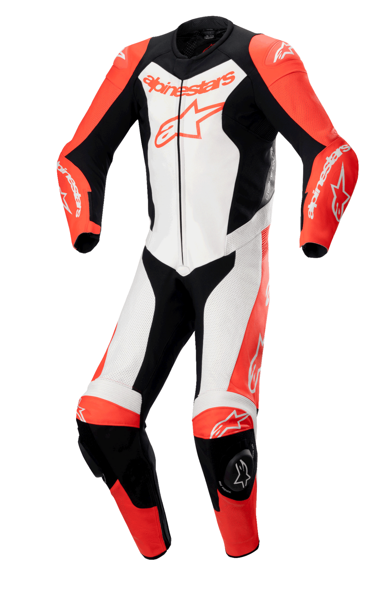 Combinaison en cuir une pièce Alpinestars GP Force Lurv, combinaison de course moto professionnelle, rouge fluo, blanc et noir, dotée d'une construction en cuir de bovin haute performance avec panneaux perforés, protections d'épaules DFS Lite, sliders de genoux et marquage Alpinestars bien visible.
