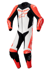Combinaison en cuir une pièce Alpinestars GP Force Lurv, combinaison de course moto professionnelle, rouge fluo, blanc et noir, dotée d'une construction en cuir de bovin haute performance avec panneaux perforés, protections d'épaules DFS Lite, sliders de genoux et marquage Alpinestars bien visible.