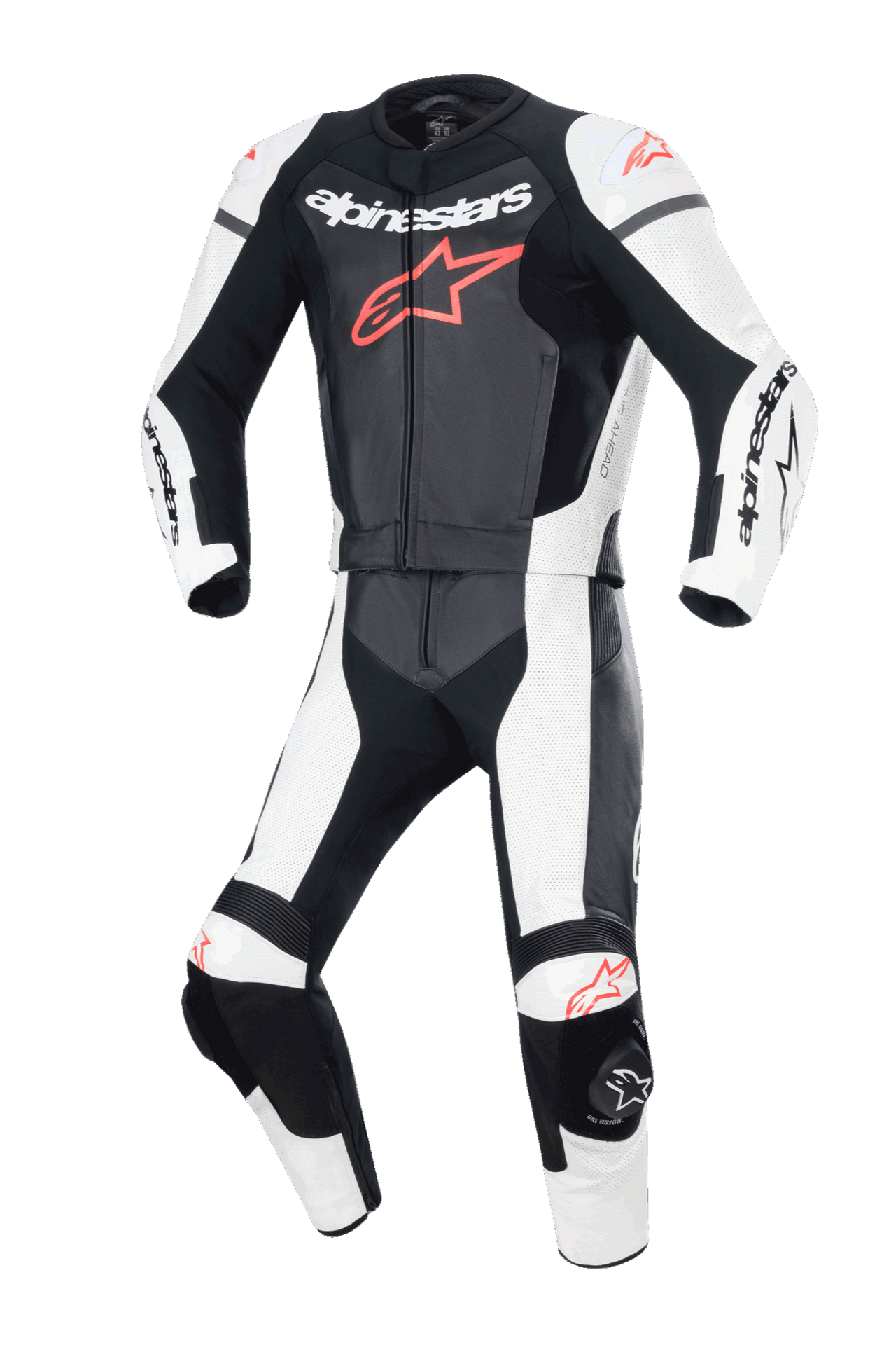 Alpinestars GP Force Lurv 2-Piece Leather Suit, combinaison de course moto deux pièces, noir, blanc et rouge fluo, avec logo Alpinestars sur la poitrine, panneaux en cuir perforé pour la ventilation et protections intégrées pour le circuit