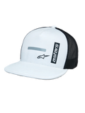 Alpinestars Alter Trucker pet, wit en zwart, gestructureerde witte kroon en platte klep, zwarte mesh achterpanelen, verticale 'astars' branding en reflecterende logoprint, casual op motorsport geïnspireerde pet