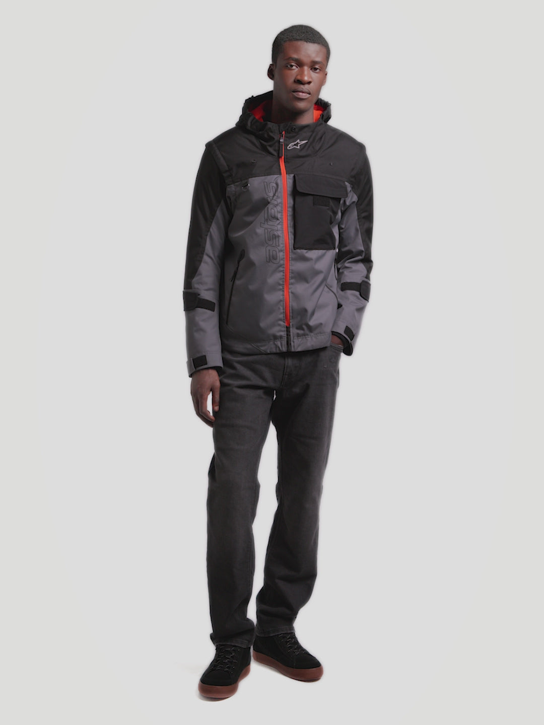 Alpinestars Morfex Parka Waterproof Jacket, men's urban contemporary motorcycle jacket in lunar gray and black, showing modular textile construction with removable sleeves, integrated hood, and Nucleon Flex Pro shoulder armor