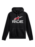 Alpinestars Ride Hoodie V 3, casual sportswear, black with white RIDE text and red star logo, kangaroo front pocket, drawstring hood, ribbed cuffs and hem, motorsport-inspired design