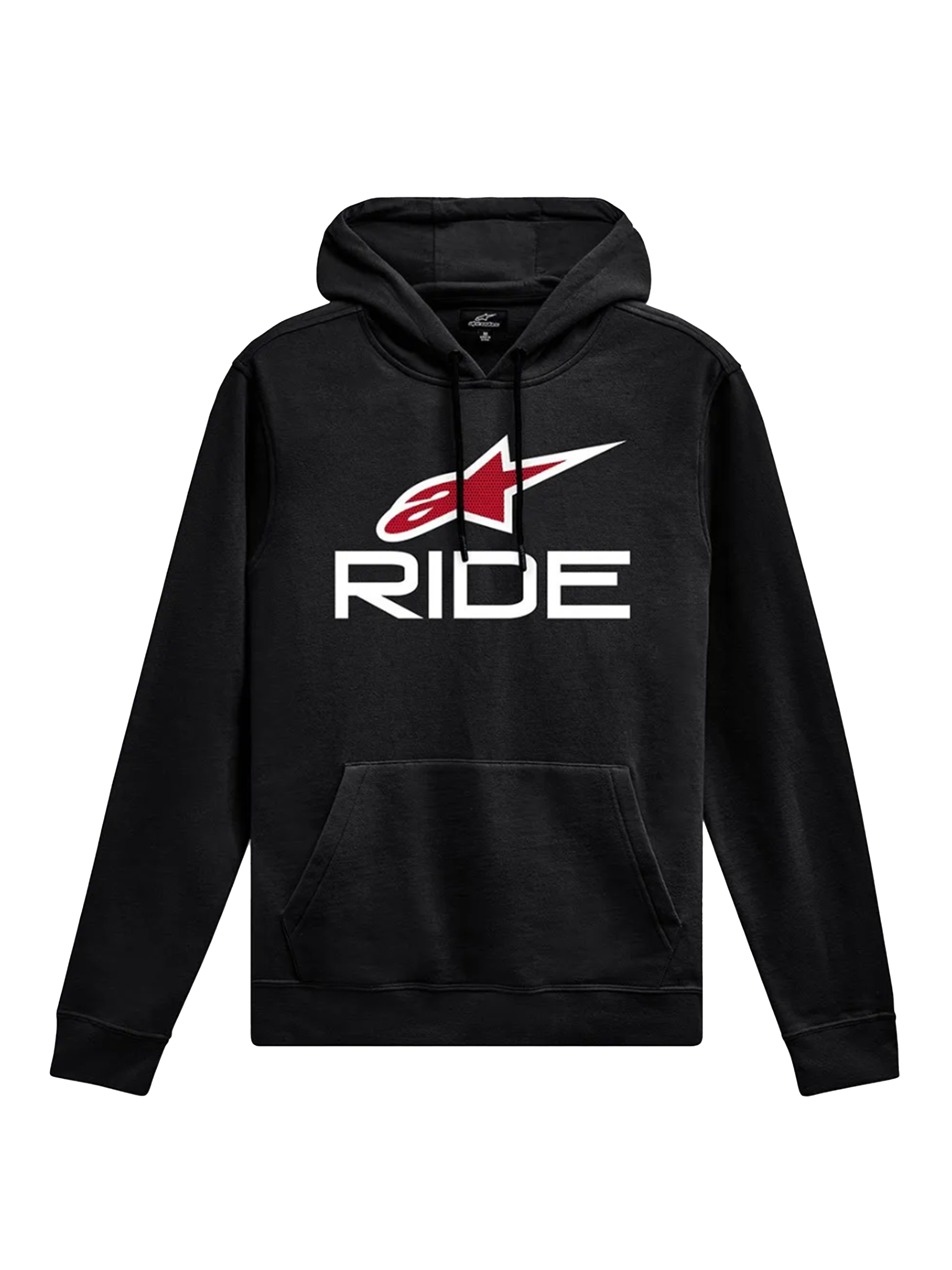 Alpinestars Ride Hoodie V 3, casual sportkleding, zwart met witte RIDE-tekst en rood sterlogo, kangoeroezak aan de voorzijde, capuchon met trekkoord, geribbelde manchetten en zoom, op motorsport geïnspireerd ontwerp