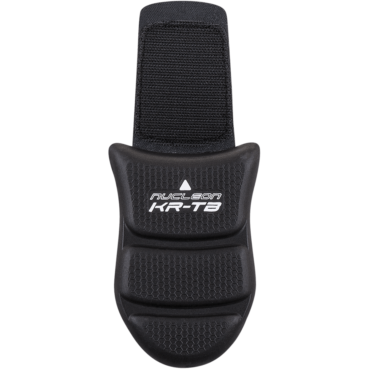 Alpinestars Nucleon KR-TB stuitbeschermer, zwart, motorfiets beschermingsuitrusting met hexagonaal textuurpatroon, driedelig gecontourd ontwerp met wit logo, verstelbare bevestigingsband voor bescherming van het stuitje