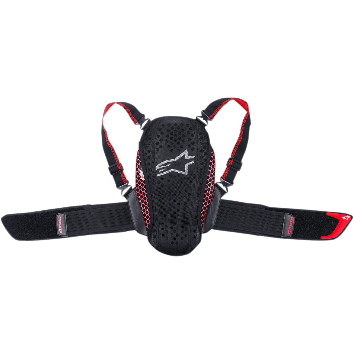 Alpinestars Youth Nucleon Kr-Y rugbeschermer, zwart en rood, voorzien van een ergonomische geperforeerde plaat met wit logo, rode mesh zij-accenten, verstelbare schouderbanden en een brede elastische niergordel, motorbeschermende uitrusting voor jonge rijders