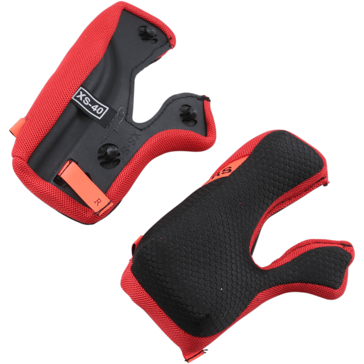 Alpinestars Supertech M10/M8 Wangenpolster +5mm, Ersatzpolsterung für Motorradhelme, Rot und Schwarz, mit einer strukturierten Innenfläche im Wabendesign und schwarzer Rückseite mit orangefarbenen Notfall-Zuglaschen, XS-40 Größenmarkierung
