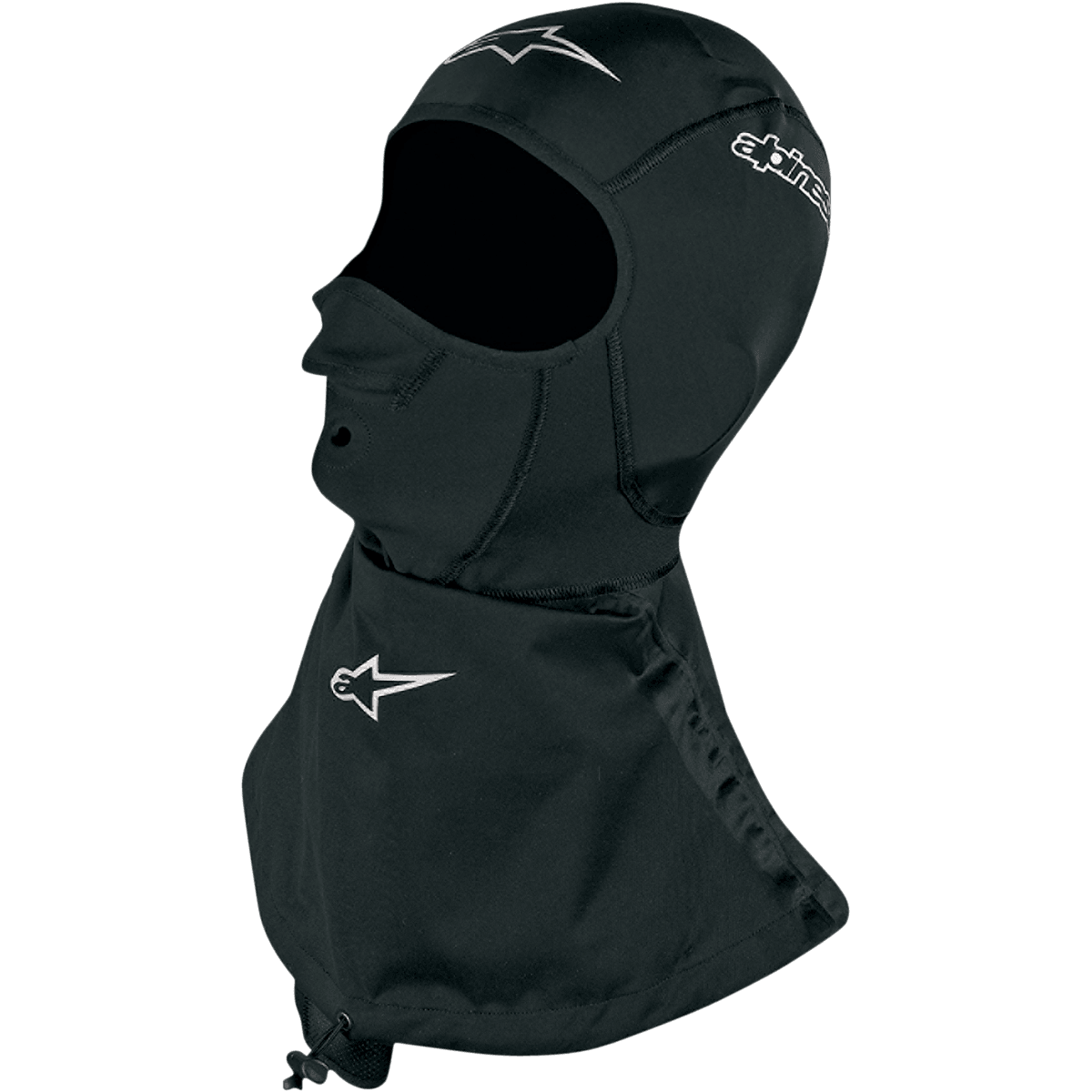 Alpinestars Cagoule Hiver Touring, couche de base moto noire avec jupe de cou imperméable et panneau nasal respirant.