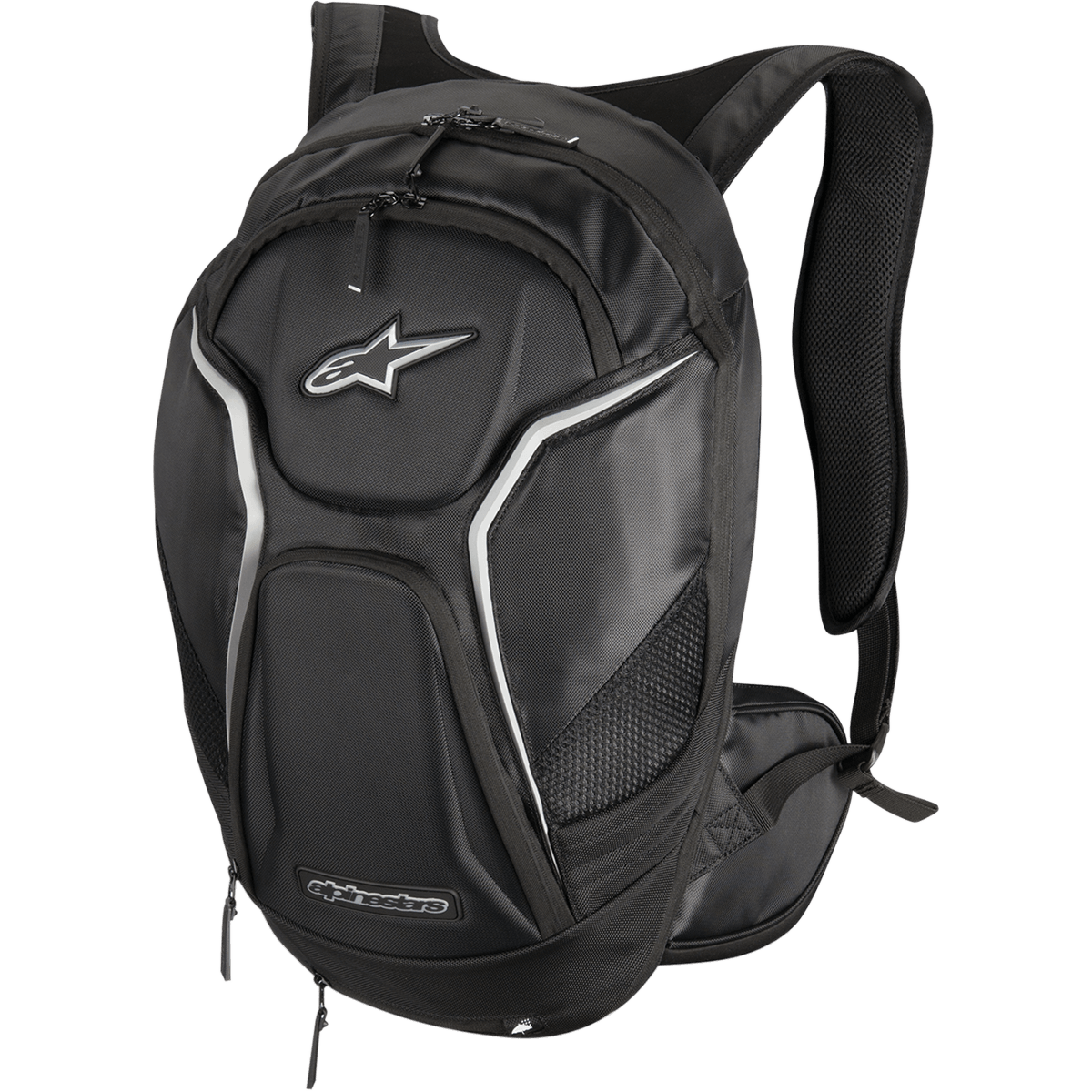 Alpinestars Tech Aero Rucksack, Motorrad-Rucksack, Schwarz mit weißen und silbernen Akzenten, aerodynamisches Profil, gepolsterte anatomische Schultergurte, mehrere Reißverschlussfächer, Mesh-Seitentaschen und reflektierende Paspeln