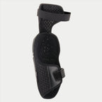 Alpinestars Youth Bionic Plus Knee Protector, Black, showing the interior mesh lining and dual strap closure system, ergonomic design for off-road motocross protection