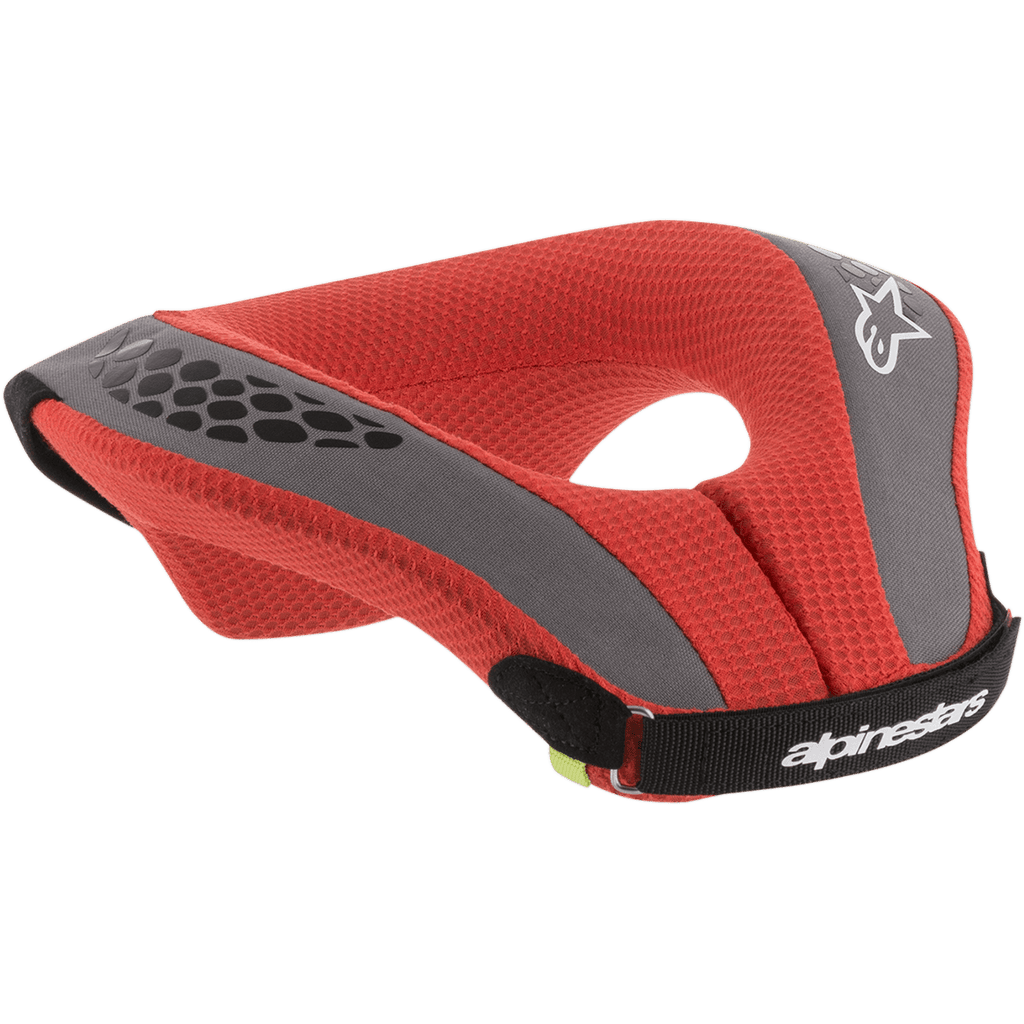 Alpinestars Youth Sequence Neck Roll, protection cervicale de motocross, rouge et gris, avec rembourrage en mesh rouge, accents gris et sangle noire, détails de logo et marquage blancs, protection ergonomique pour jeunes pilotes