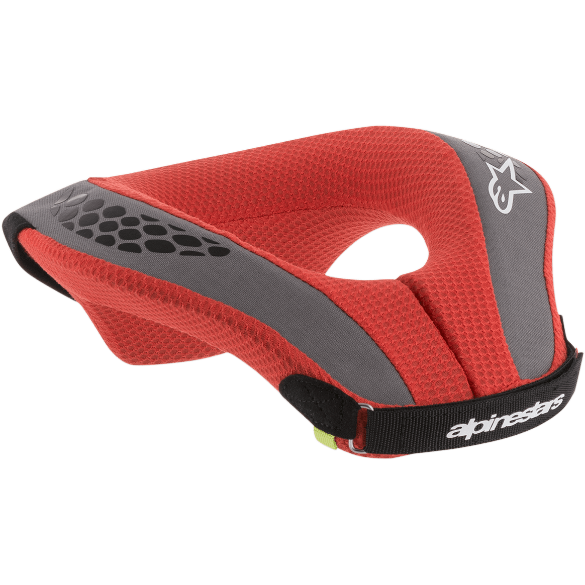Alpinestars Youth Sequence Neck Roll, protection cervicale de motocross, rouge et gris, avec rembourrage en mesh rouge, accents gris et sangle noire, détails de logo et marquage blancs, protection ergonomique pour jeunes pilotes