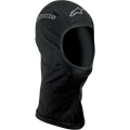 Cagoule Alpinestars Open-Face, sous-couche de moto, noire, avec logos Alpinestars argentés sur le front et le côté, tissu doux évacuant l'humidité, coutures plates et col allongé pour une protection optimale.