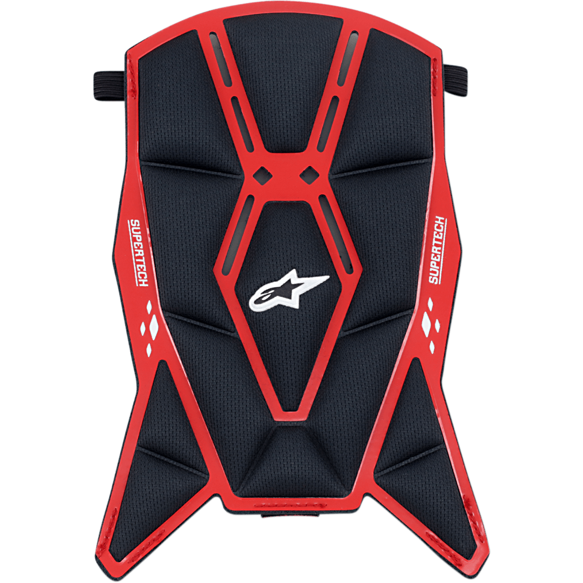 Alpinestars Supertech M10/M8 helm toppad, vervangende helm padding, zwart en rood, gevoerde mesh-constructie met rood geometrisch frame, wit Astars-logo en Supertech-branding, ontworpen voor comfort in motorcrosshelmen