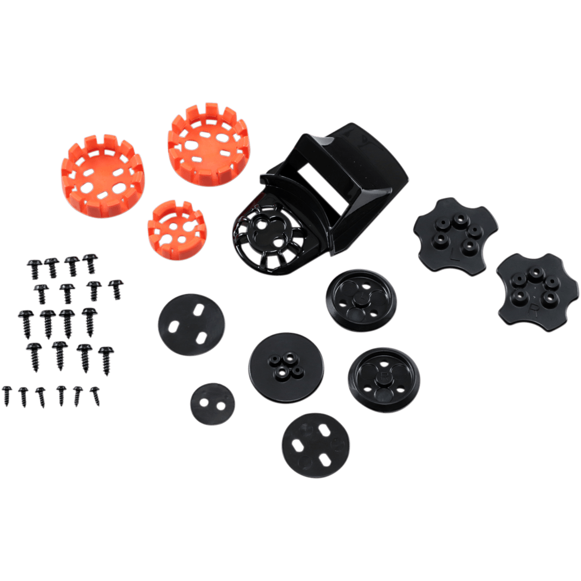 Alpinestars Supertech M10/M8, kit de connecteurs de visière pour casque, noir et orange, kit de pièces de rechange comprenant divers supports en plastique noir, des connecteurs circulaires orange et des vis métalliques, conçu pour la fixation sécurisée de la visière sur les casques de motocross