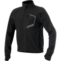 Alpinestars Tech Layer Top, schwarze Motorrad-Funktionsjacke, lange Ärmel mit nahtlosen Lycra-Bündchen und Daumenschlaufen, hoher Kragen, vertikale Brusttasche mit Reißverschluss, reflektierendem grauen Rand und Alpinestars-Branding, durchgehender Frontreißverschluss, technisches winddichtes Material