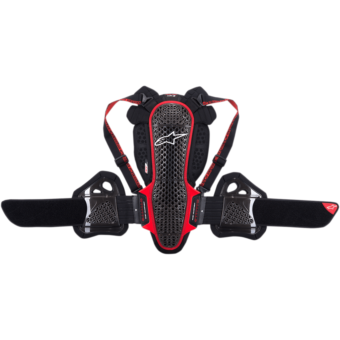 Alpinestars Nucleon KR-3 rugbeschermer, motorfiets rugprotectie, Smoke Black en rood, voorzien van een ergonomische rasterstructuur met wit logo, verstelbare schouderbanden en een brede niergordel met zijdelingse ribbescherming, ontworpen voor schokabsorptie en ademend vermogen